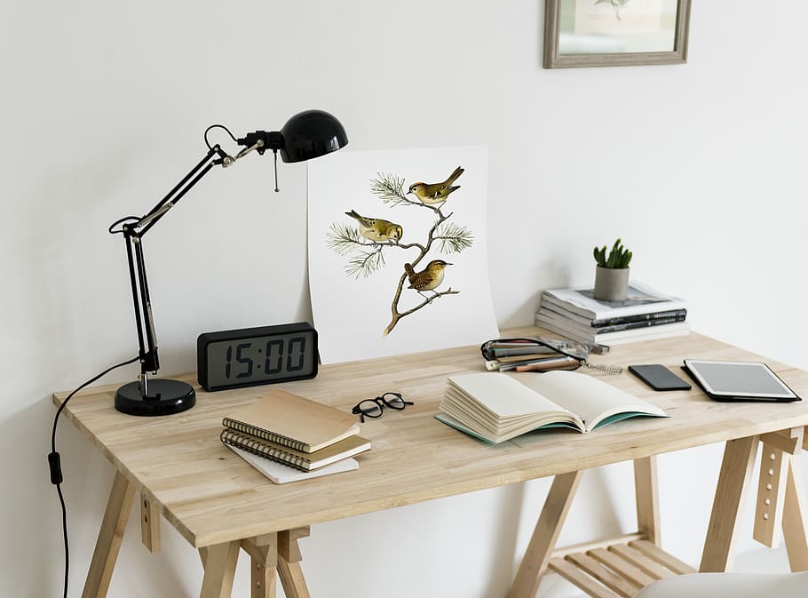 Brown Wooden Desk With Table Lamp, books, time, wooden table