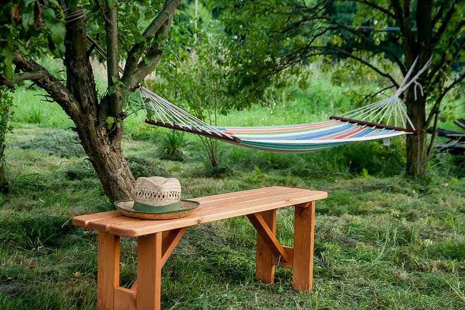 bench, hat, scene, landscape, the idyll, summer, tree, old HD wallpaper