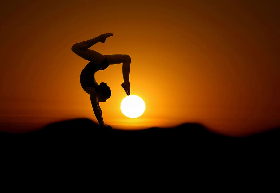 gymnast, sunset, silhouette, sports, woman, yoga, sky, one person