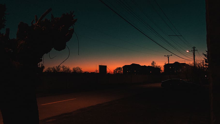 silhouette of trees and houses, cable, power lines, sky, sunset
