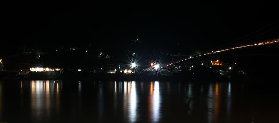 dark, ganga, ganges, river, lights, night, illuminated, water HD wallpaper