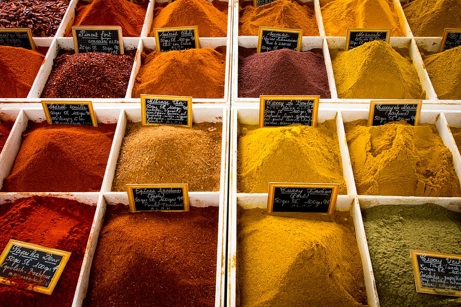 assorted spices, antibes, france, carpet, home decor, shop, dust HD wallpaper