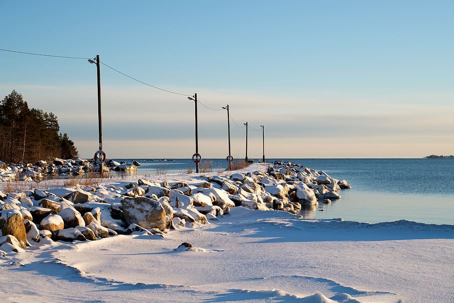 rock, blue, crisp, snow, lake, sky, water, cold temperature HD wallpaper
