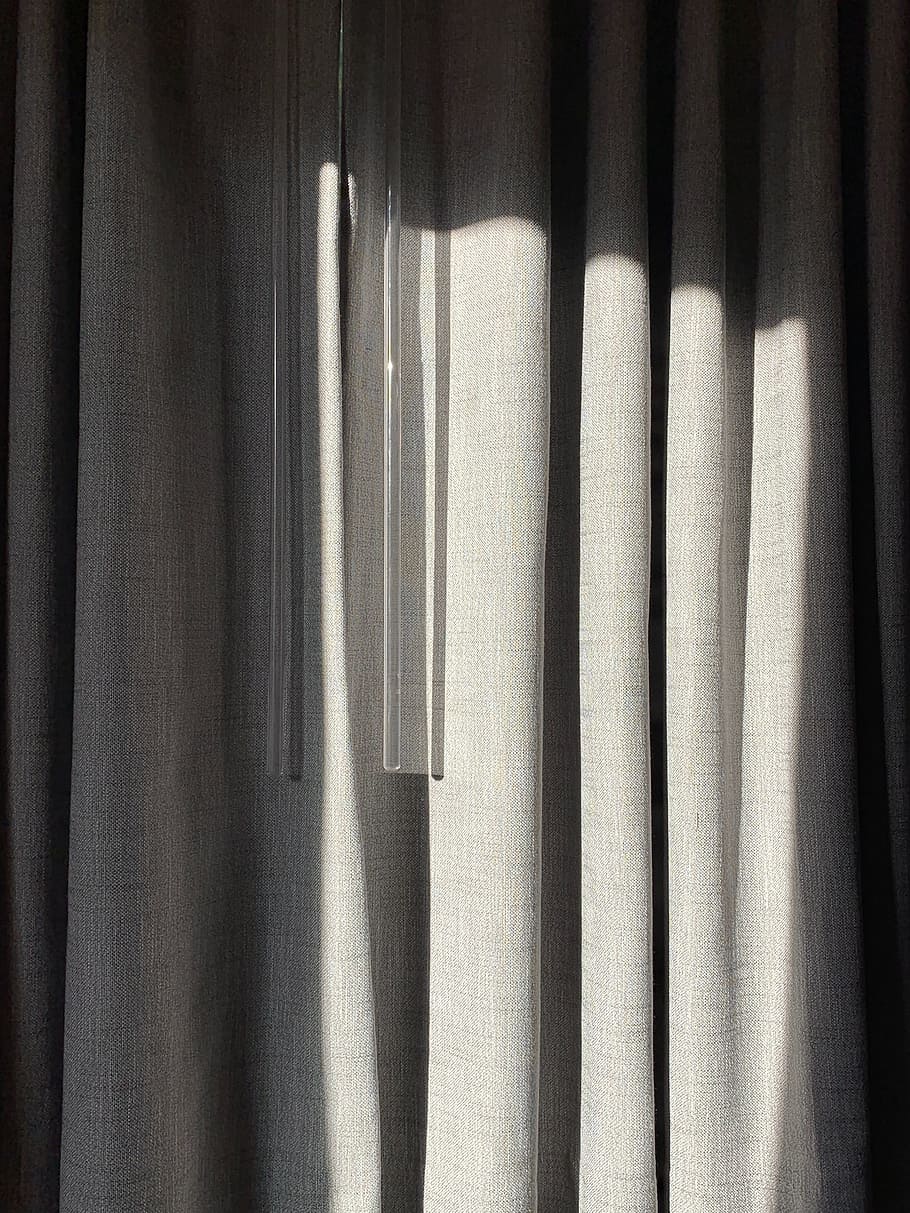 closed gray curtain, light, illumianted, curtains, blinds, window blinds, HD wallpaper