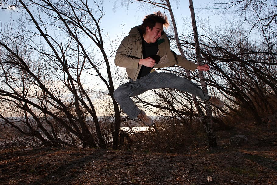 man, jumping, karate, woods, airborn, person, guy, fast, tree HD wallpaper