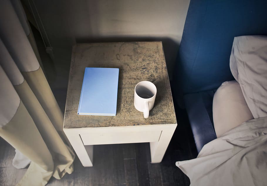 white ceramic mug beside book on wooden table, cup, bed, bedroom HD wallpaper