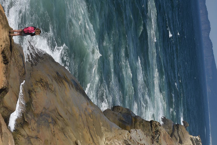 nature, outdoors, cliff, human, person, promontory, sea, water HD wallpaper