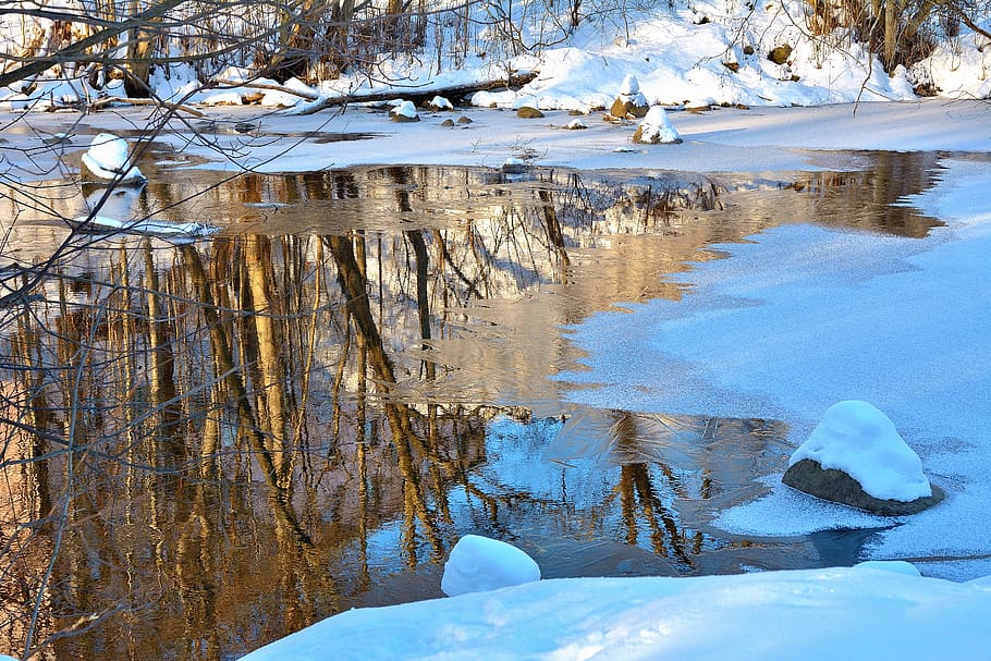 winter, nature, river, snow, cold, frost, outdoors, ice, stones HD wallpaper