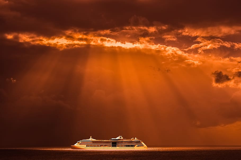 sky, sea, boat, cloud, cloudy sky, cloud sunny, landscape, traveler HD wallpaper