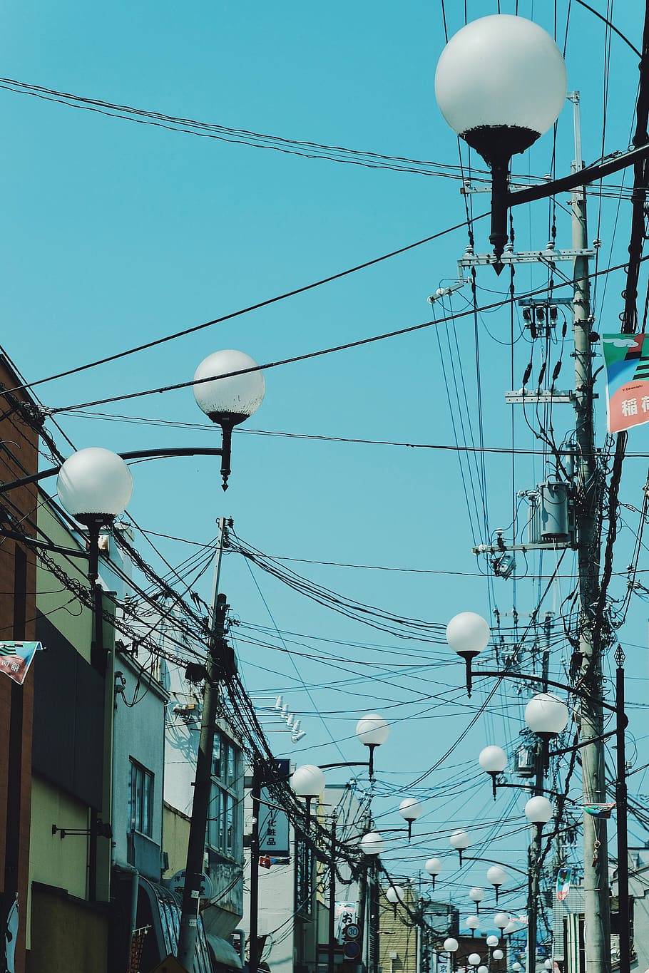 lamp street posts, cable, kyoto, japan, power lines, electric transmission tower
