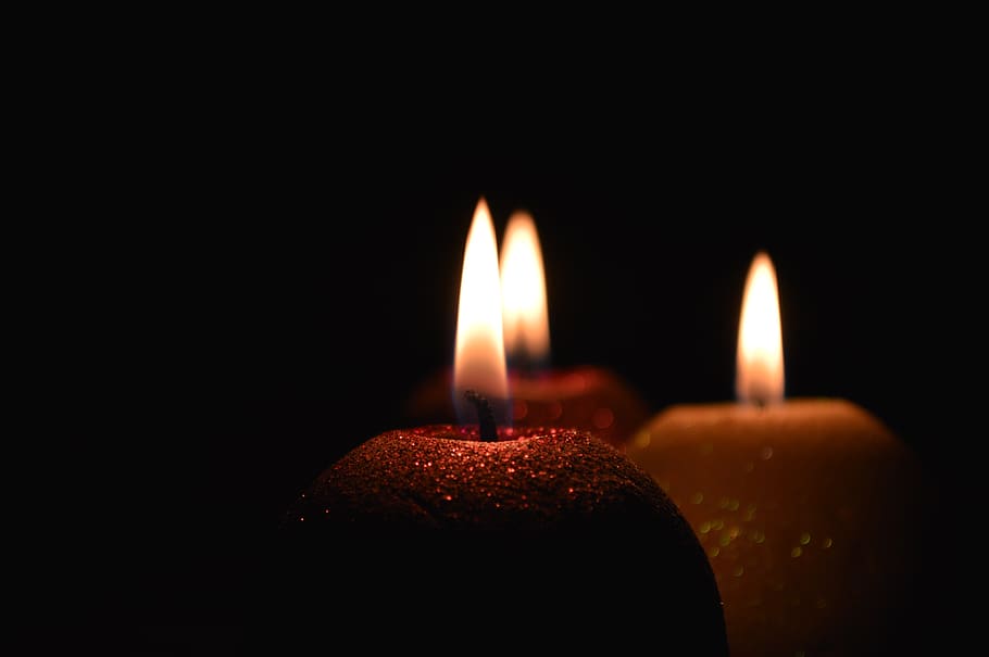 Three Candles, black background, burn, burning, candle wax, Candlelights