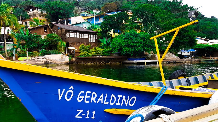 boat, water, green, tree, house, blue, mode of transportation HD wallpaper