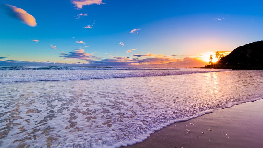 ocean, sunset, sky, water, sea, beach, land, beauty in nature HD wallpaper
