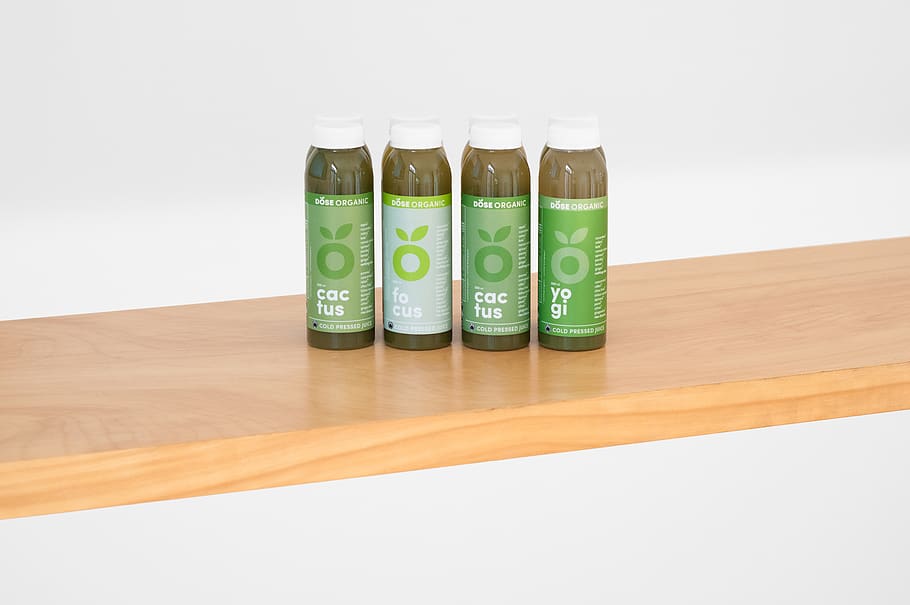 four cactus bottles, furniture, tabletop, shelf, drink, dose juice HD wallpaper