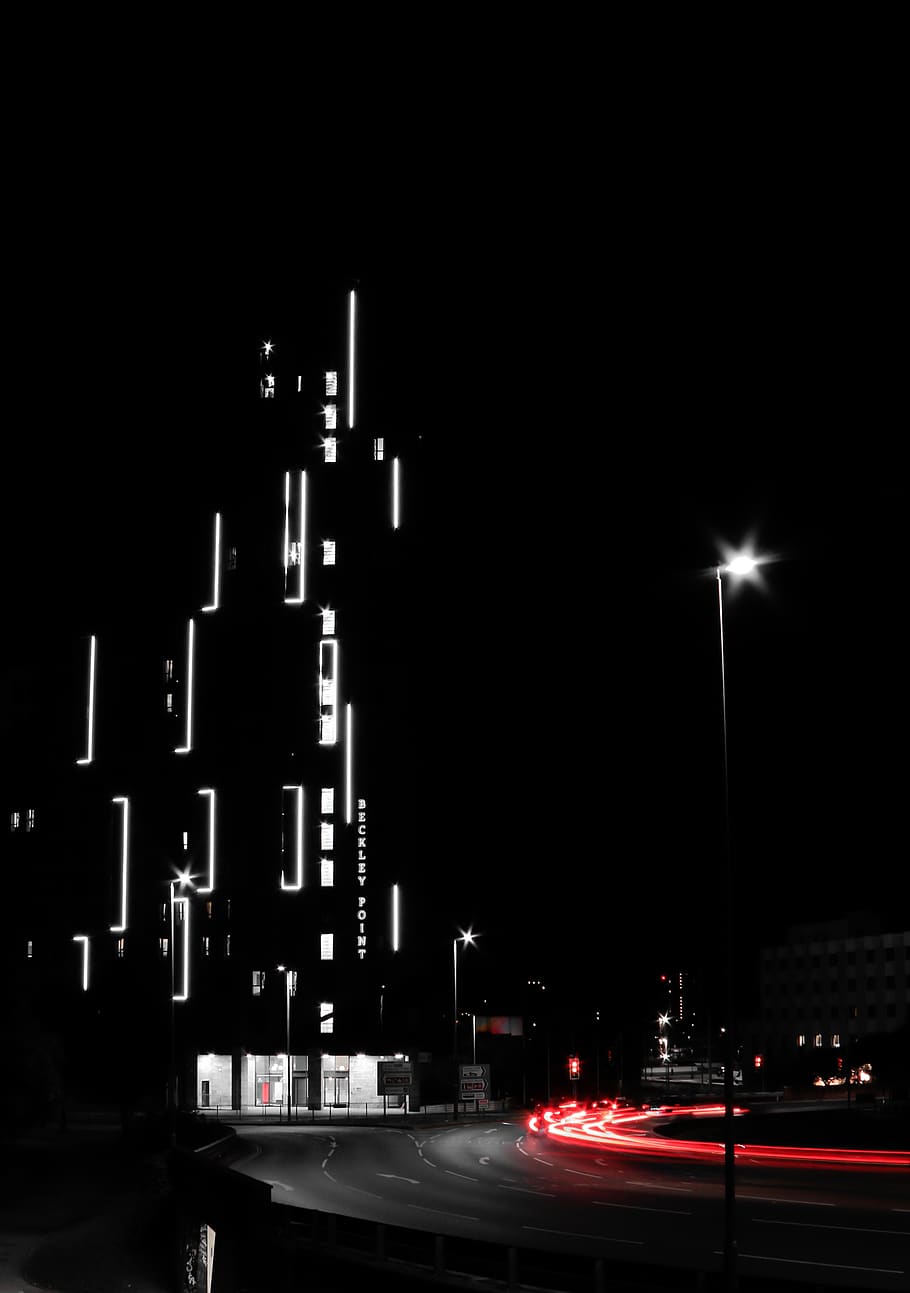 black concrete building, road, intersection, night, street, city HD wallpaper