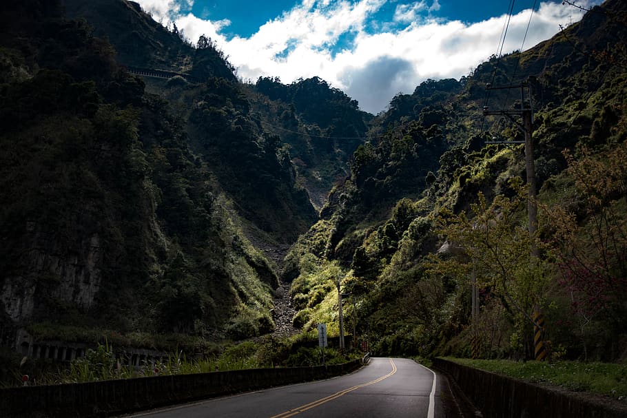 taiwan, alishan national scenic area, road, mountain, light, HD wallpaper