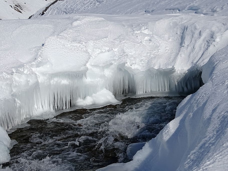 mountain river, gully, polynya, winter, frost, frazil, icicles HD wallpaper