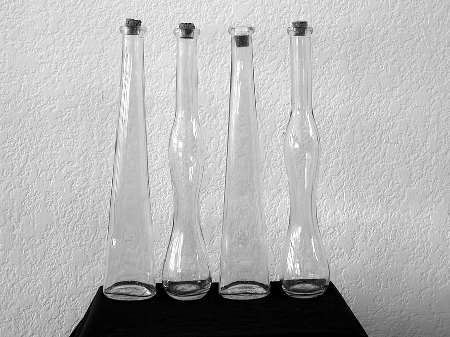 HD wallpaper: bottle, bottles, four, 4, still life, black and white, b