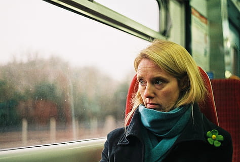 woman, train, stare, window, cold, scarf, thoughtful, blonde HD wallpaper