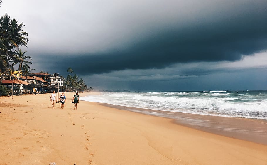 people walking on beach side, sea, land, sand, water, sky, cloud - sky HD wallpaper