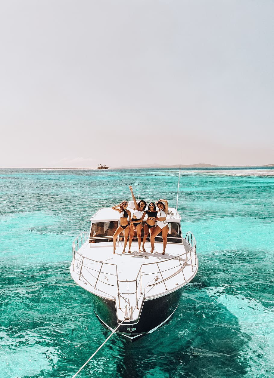 four girls in yacht, sea, water, nautical vessel, transportation, HD wallpaper