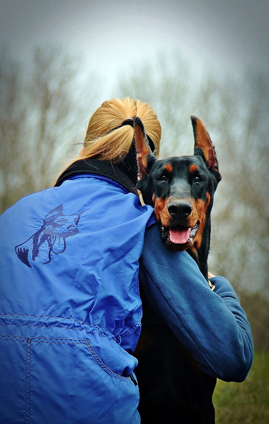 doberman, dog, hug, love, woman with a dog, friendship, canine