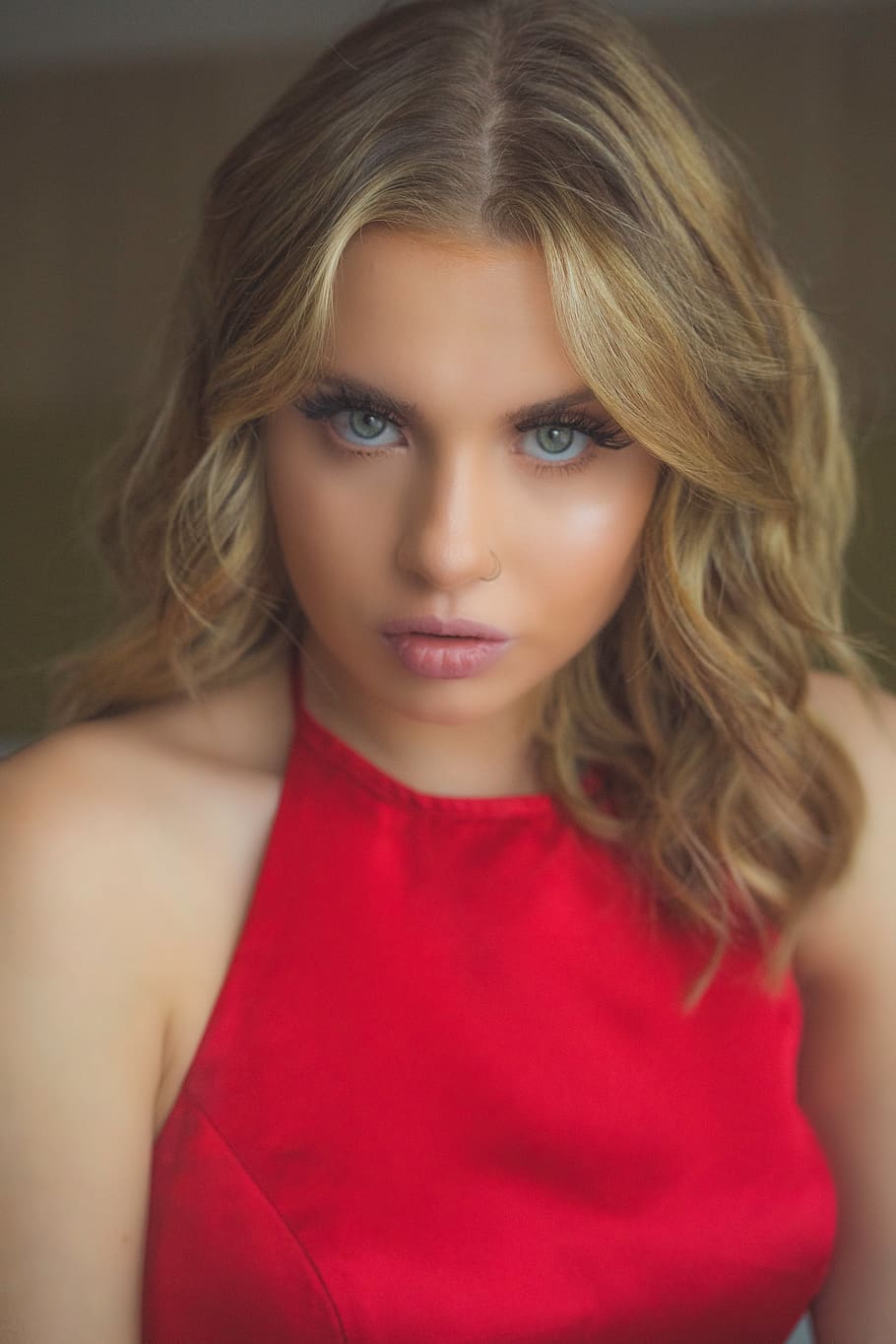 portrait, red, looking at camera, beautiful woman, hair, beauty HD wallpaper
