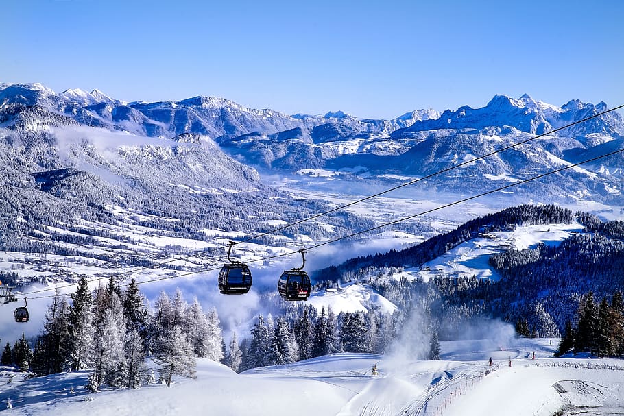 austria, tyrol, ellmau, mountains, snow, gondola, panorama, HD wallpaper