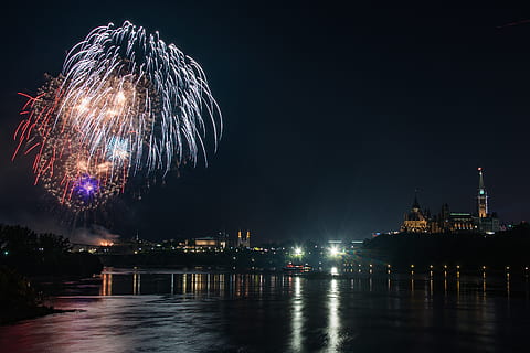 firework, light, dark, night, sky, church, july, summer, outside HD wallpaper