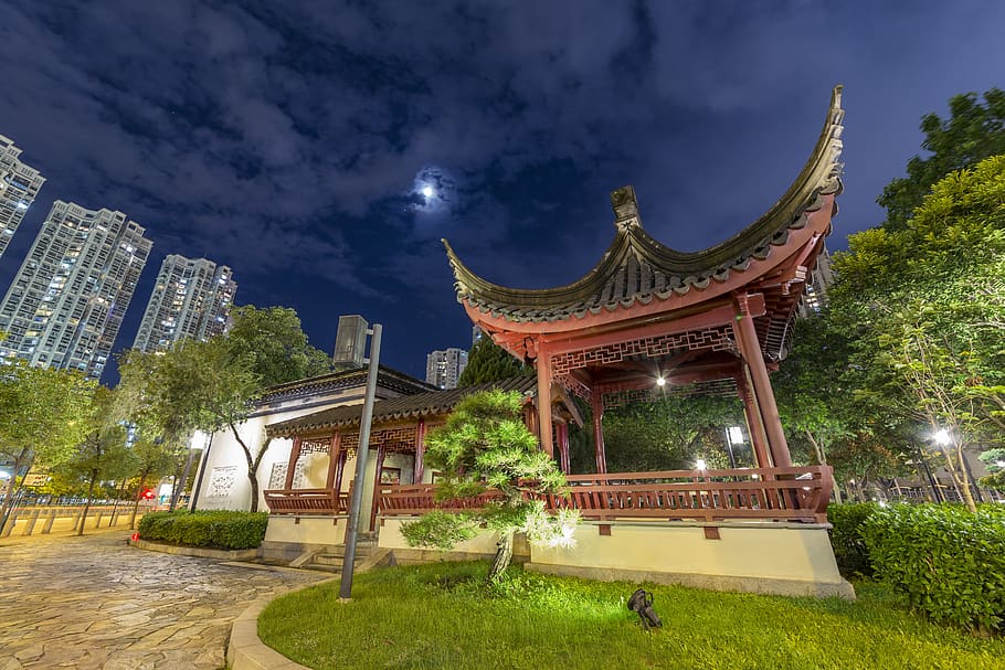 Red and Black Temple Illustration, ancient, architectural design HD wallpaper