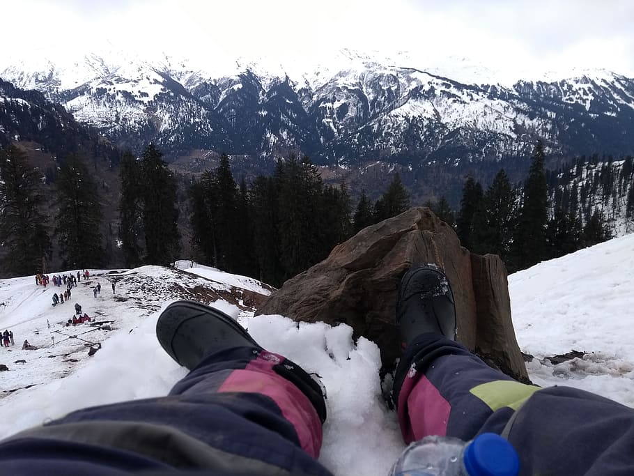 Person Wearing Black Boots At Snowy Mountain, adventure, climb