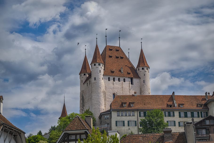 castle, sky, landscape, clouds, romantic, architecture, thun HD wallpaper