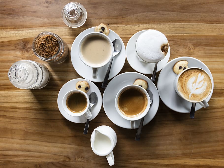 cup, mug, coffee, hot, art, design, foam, milk, plate, table HD wallpaper