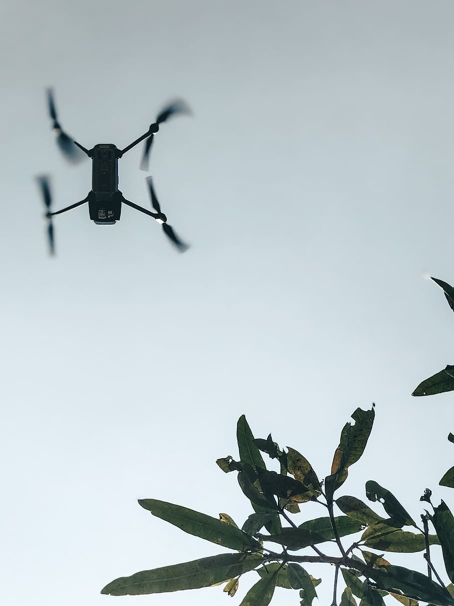 black quadcopter flying, transportation, vehicle, aircraft, helicopter HD wallpaper