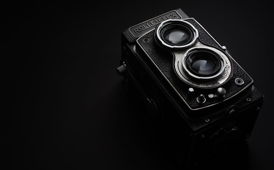 Black Rolleiflex Camera, antique, aperture, black and-white, black background