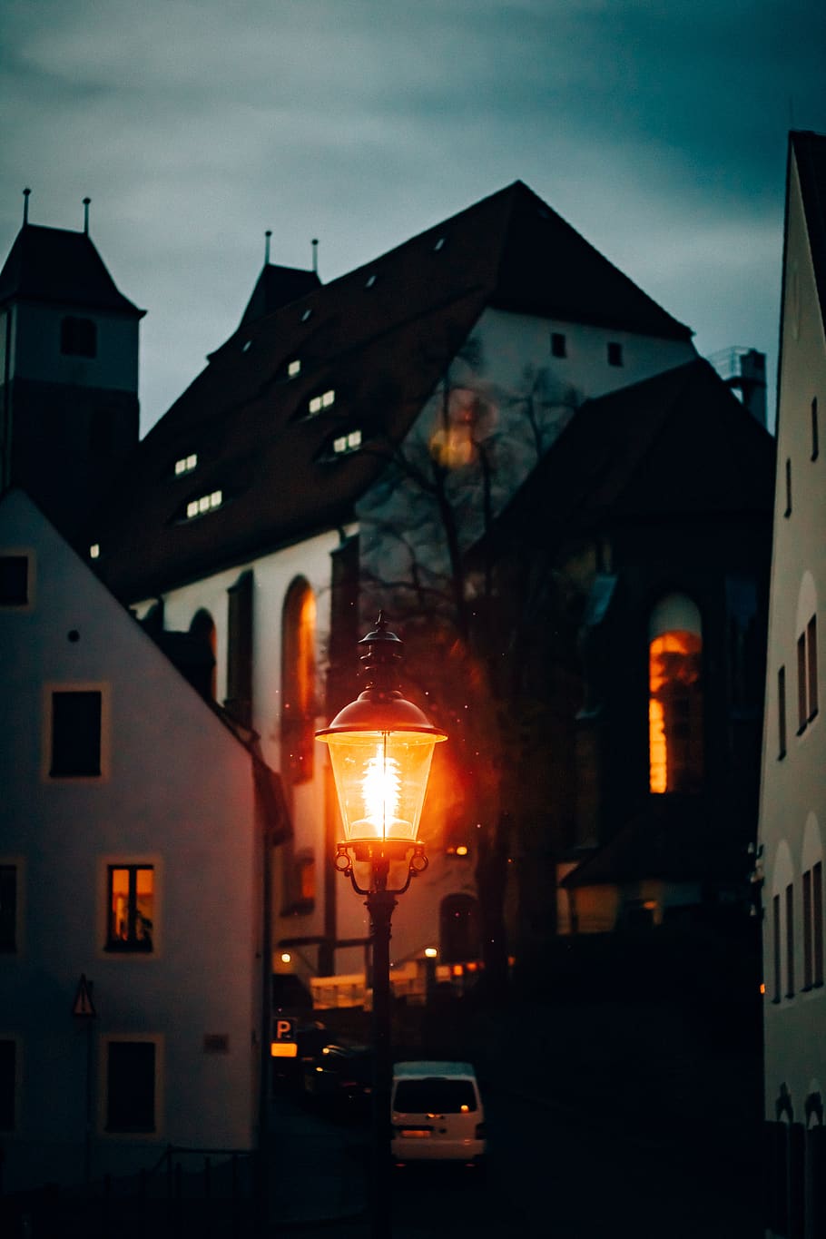 city, alley, night, street lamp, light, church, road, architecture, HD wallpaper