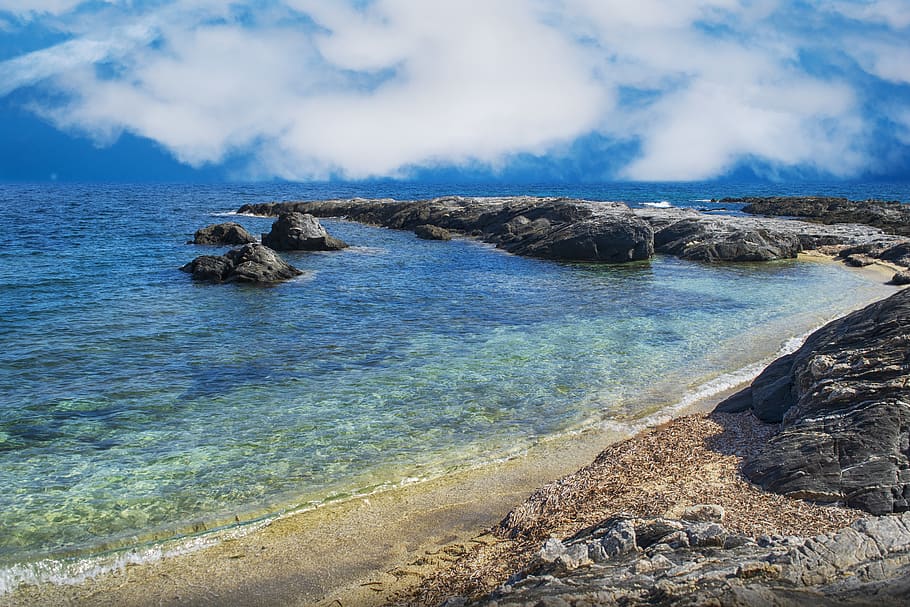 beach, rock, sky, clouds, wave, costa, sand, landscape, water HD wallpaper