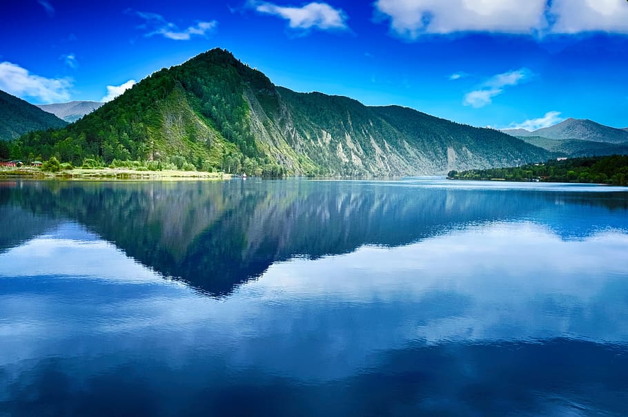 Green Mountain With Light Reflection, blue, clouds, daylight HD wallpaper