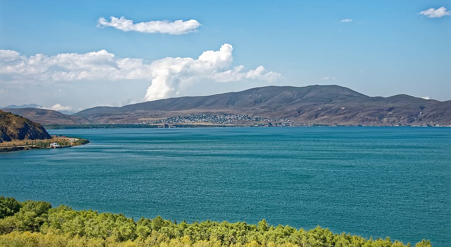 armenia, lake sevan, landscape, mountains, water, panorama