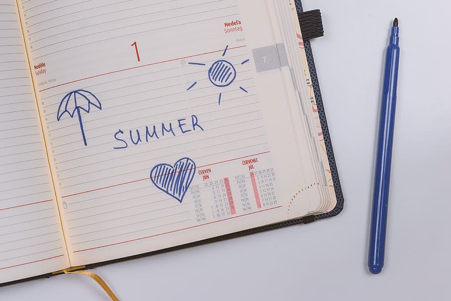 Diary with the words “Summer”, pen, paper, note pad, pencil HD wallpaper