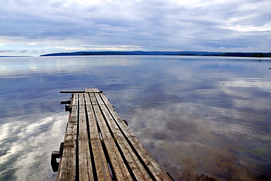 pierce, sky, landscape, wood, bay, water, clouds, boards, nature HD wallpaper