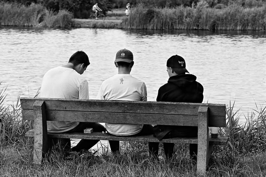 boy, three, together, three guys, sitting, bench, river, rural HD wallpaper
