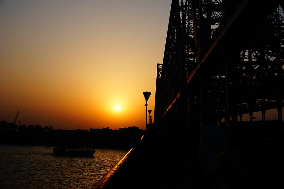india, howrah, howrah bridge, river, sunset, orange, sky, water