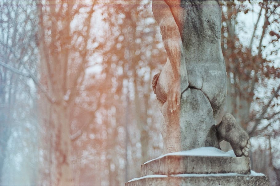 gray statue in winter, art and craft, tree, sculpture, no people HD wallpaper