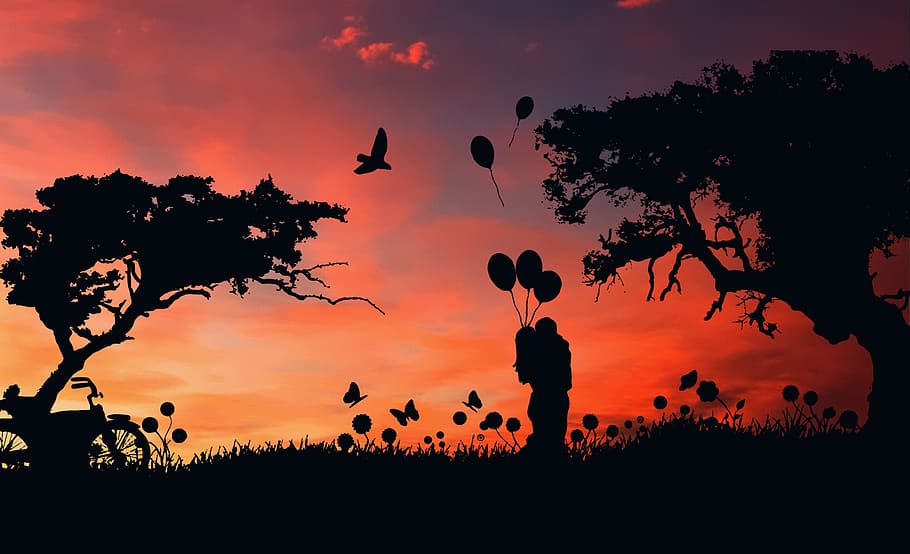 silhouette, sunset, dawn, tree, dusk, sky, plant, nature, child HD wallpaper