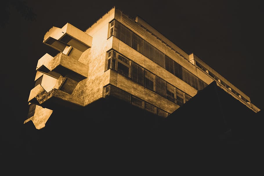 low-angle photography of concrete building, shadow, night, industrial HD wallpaper