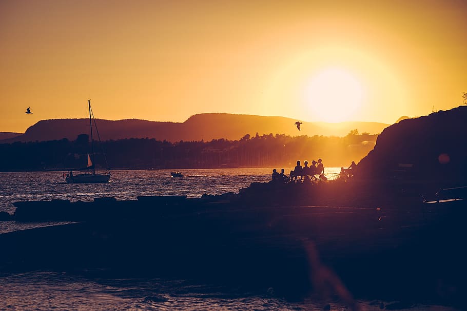 sunset, dusk, sky, beach, sand, shore, coast, sailboat, birds HD wallpaper