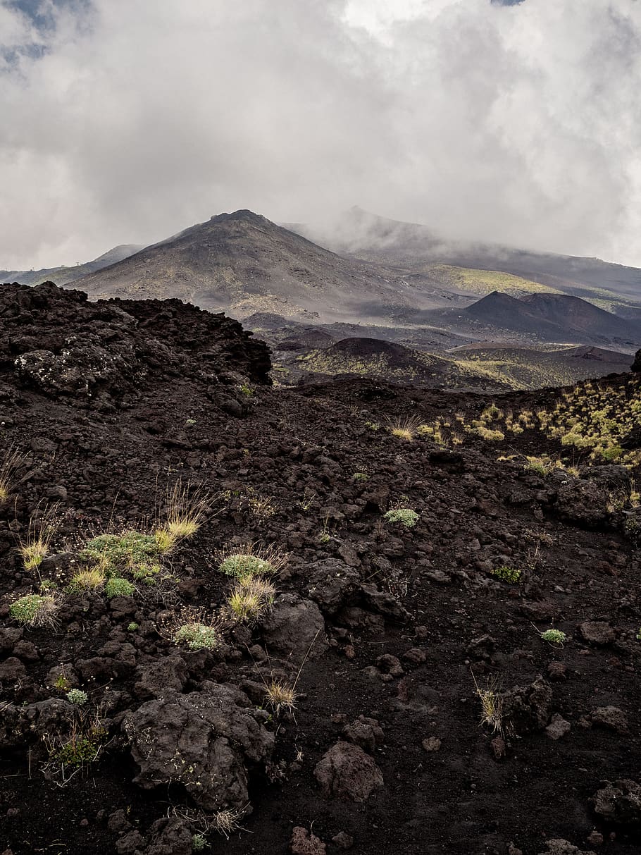 mountain alps under gray sky, fog, soil, italy, mount etna, landscape HD wallpaper