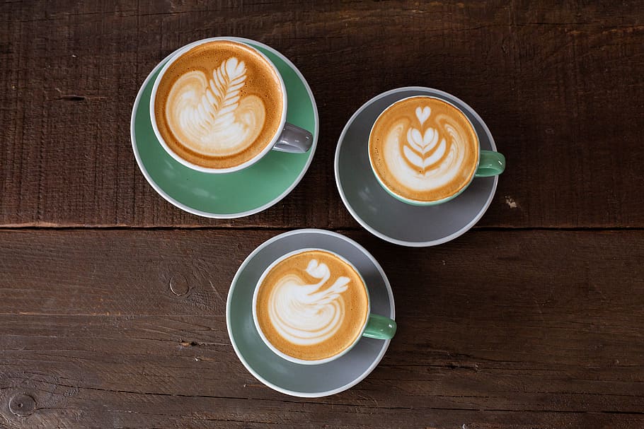 three ceramic mugs with latte, cup, coffee - drink, coffee cup HD wallpaper