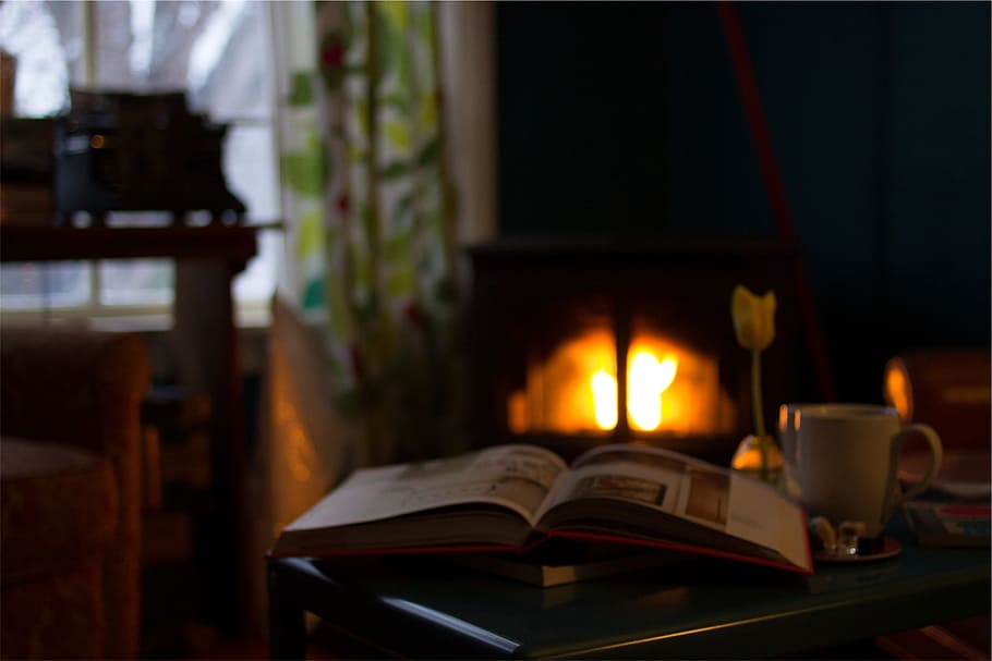 book, pages, reading, fireplace, flame, publication, table HD wallpaper